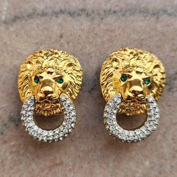 KJL Lion Rhinestone Door Knocker Earrings Clip on Kenneth Jay Lane Vtg Jewelry - Picture 2 of 8